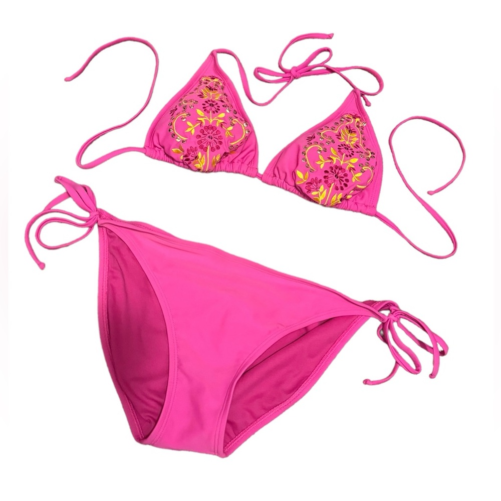 Xhilaration String Tie Bikini Hot Pink Embroidered Sequins Y2K Size Large Set